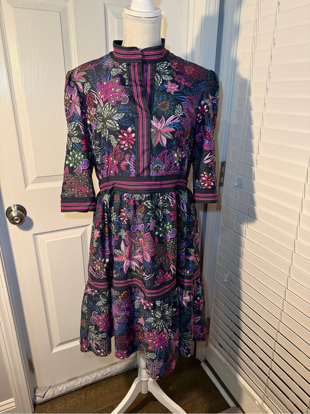 Jude Connally Navy Floral Midi Dress with Pink and Green Accents